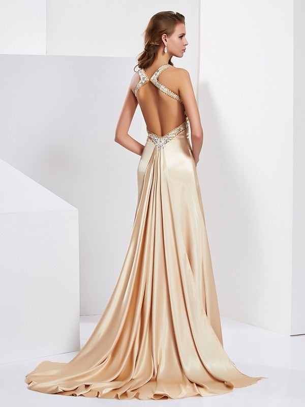 Sheath/Column Halter Sleeveless Ruffles Long Silk like Satin Dresses DFP0002443