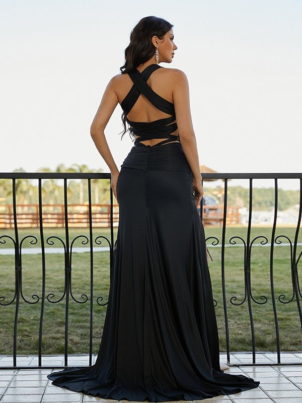 Sheath/Column Jersey Ruched Off-the-Shoulder Sleeveless Sweep/Brush Train Dresses DFP0001401