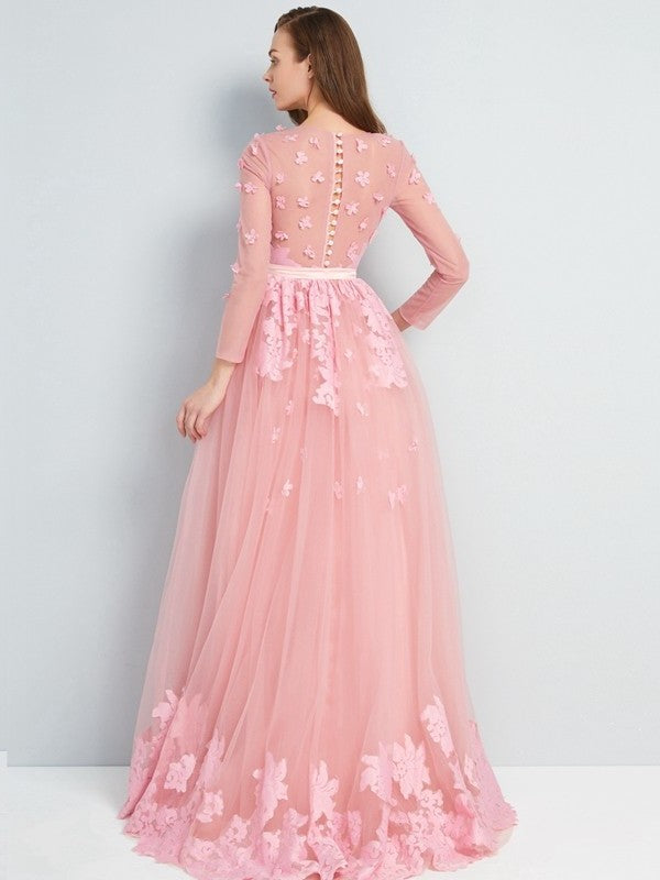 A-Line/Princess Scoop 3/4 Sleeves Floor-Length Applique Tulle Dresses DFP0002409