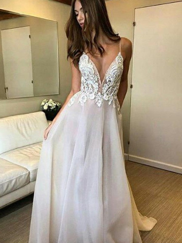 A-Line/Princess Sleeveless V-neck Sweep/Brush Train Spaghetti Straps Lace Organza Wedding Dresses DFP0006522