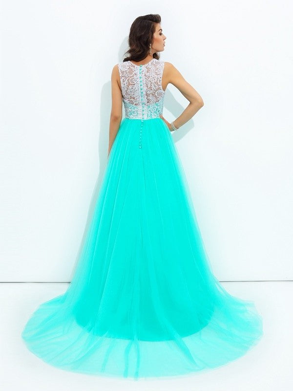 A-line/Princess Scoop Lace Sleeveless Long Net Dresses DFP0002683