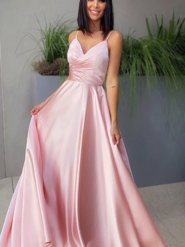 A-Line/Princess V-neck Satin Ruched Sleeveless Floor-Length Dresses DFP0001582