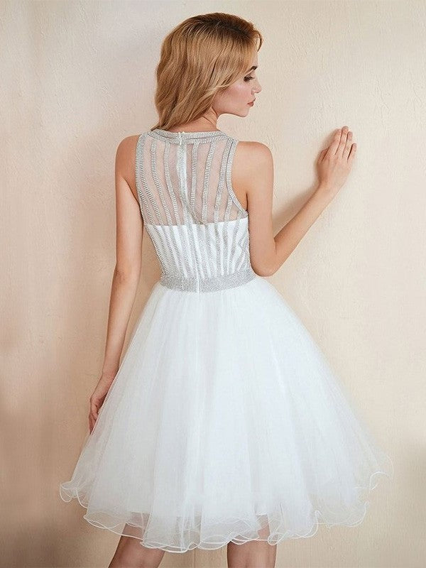 A-Line/Princess Tulle Beading Scoop Sleeveless Short/Mini Homecoming Dresses DFP0004372