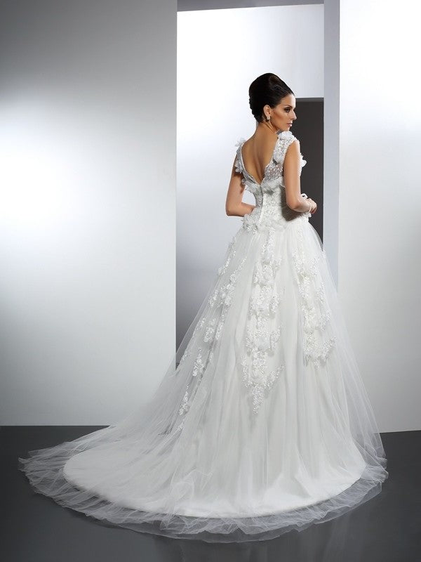 A-Line/Princess Straps Lace Sleeveless Long Satin Wedding Dresses DFP0006589