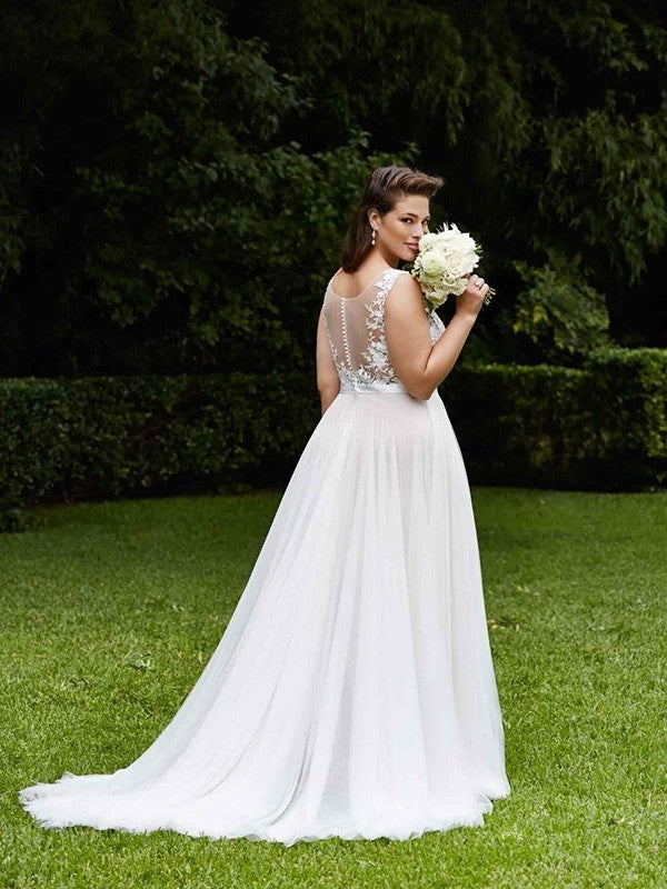 A-Line/Princess Scoop Court Train Sleeveless Lace Tulle Wedding Dresses DFP0006414