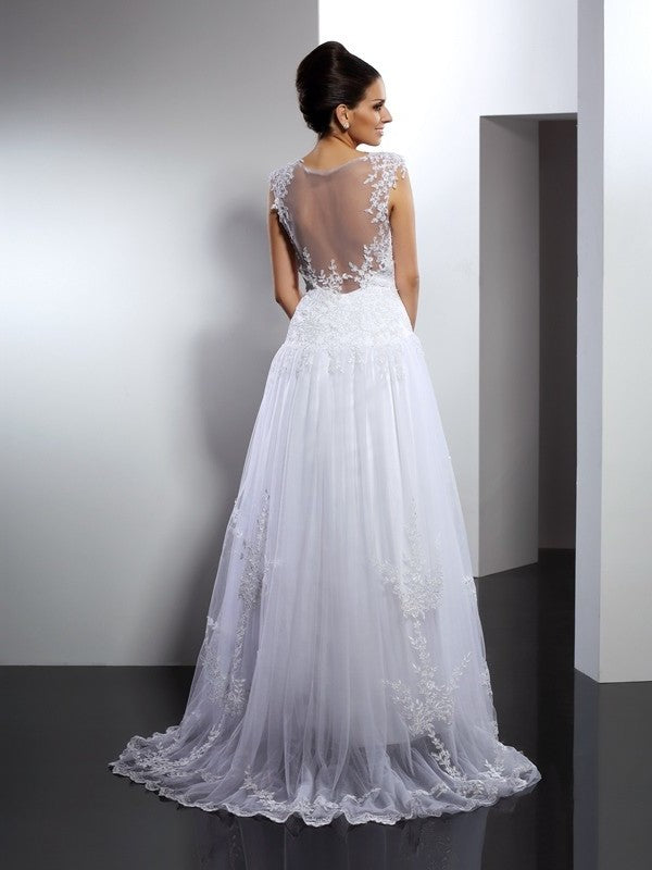 A-Line/Princess Straps Applique Sleeveless Long Lace Wedding Dresses DFP0006277