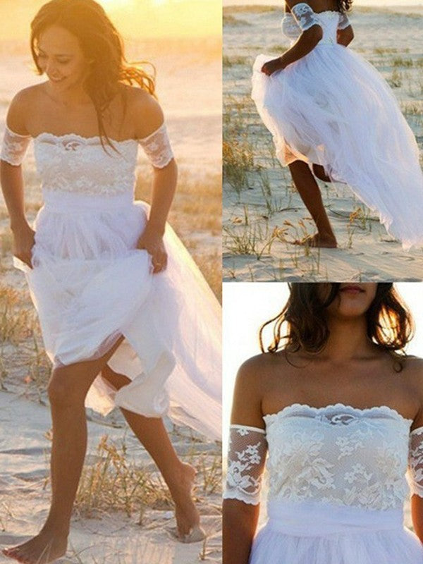 A-Line/Princess Chiffon Sleeveless Off-the-Shoulder Lace Floor-Length Wedding Dresses DFP0006276