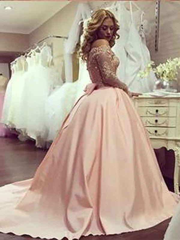 Ball Gown Long Sleeves Off-the-Shoulder Beading Satin Court Train Dresses DFP0001593