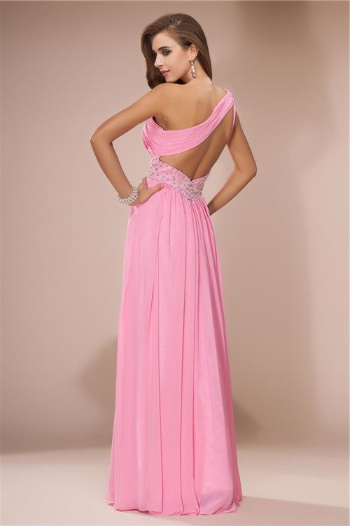 Sheath/Column One Shoulder Beading Long Sleeveless Chiffon Dresses DFP0004239