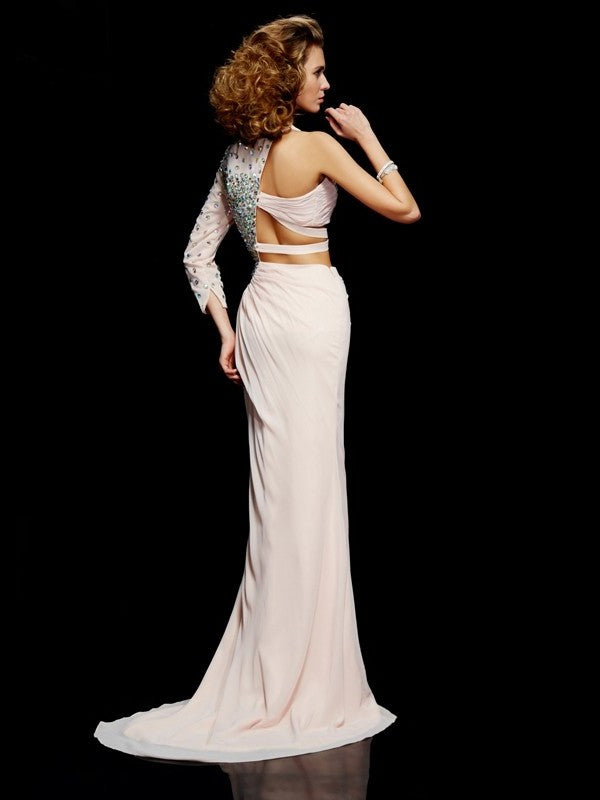 Sheath/Column One-Shoulder Sleeveless Ruffles Long Chiffon Dresses DFP0002294