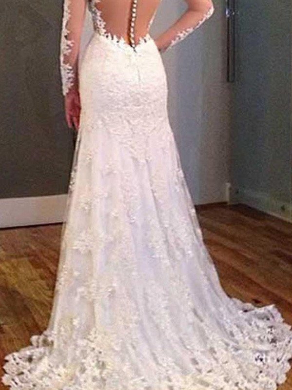 Trumpet/Mermaid Long Sleeves V-neck Sweep/Brush Train Applique Lace Wedding Dresses DFP0006226