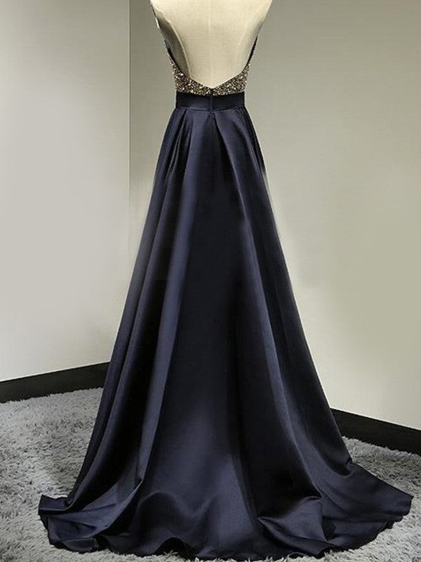 A-Line/Princess Sleeveless Halter Satin Floor-Length Beading Dresses DFP0002235