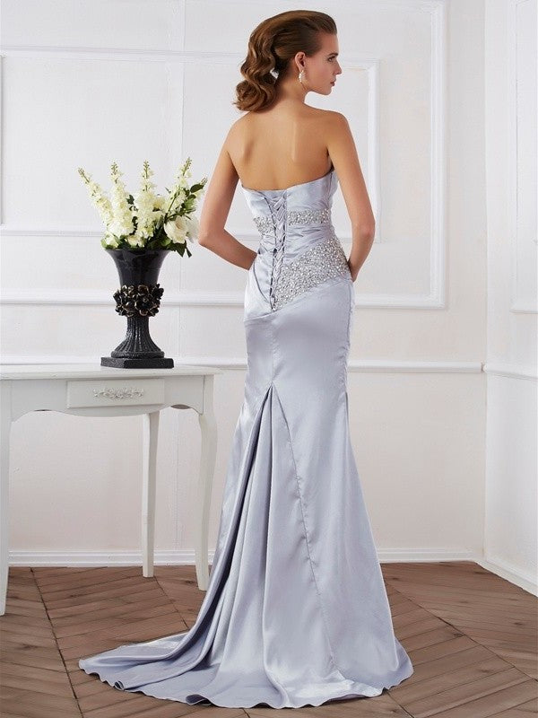 Trumpet/Mermaid Strapless Beading Long Elastic Woven Satin Dresses DFP0002415