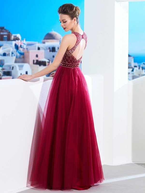 A-Line/Princess Scoop Sleeveless Floor-Length Beading Tulle Dresses DFP0002471