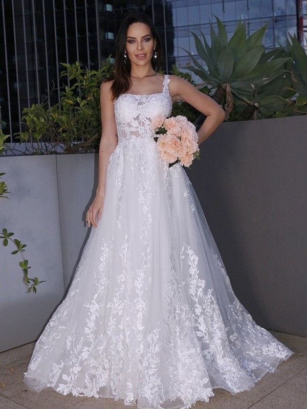A-Line/Princess Lace Applique Square Sleeveless Sweep/Brush Train Wedding Dresses DFP0006059