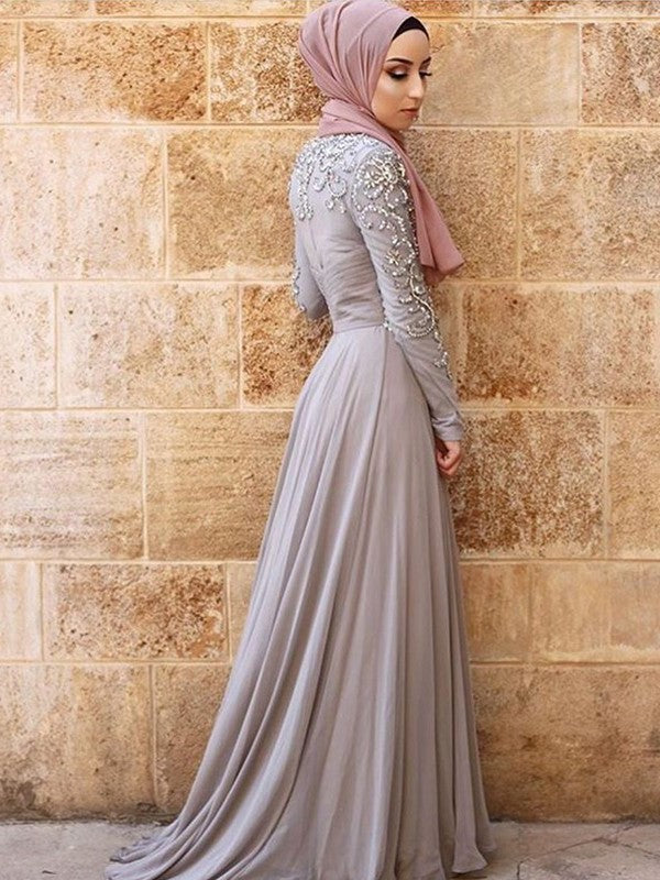 A-Line/Princess Long Sleeves Scoop Sweep/Brush Train Crystal Tulle Muslim Dresses DFP0003330