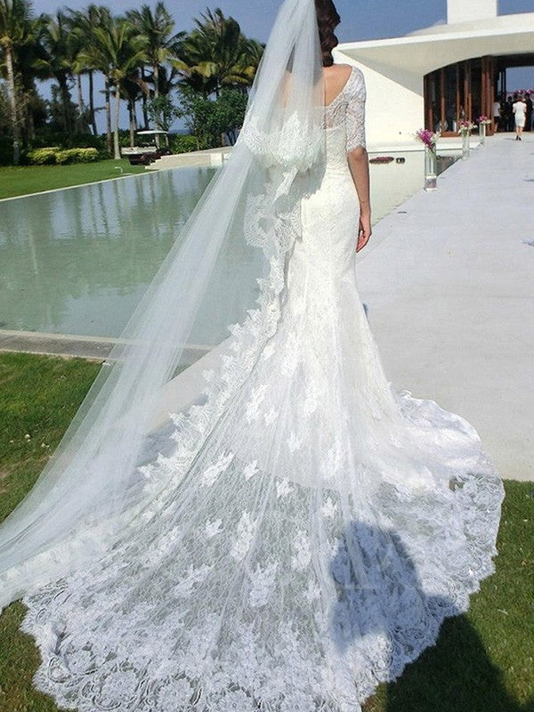Trumpet/Mermaid 1/2 Sleeves Square Cathedral Train Applique Lace Wedding Dresses DFP0006540
