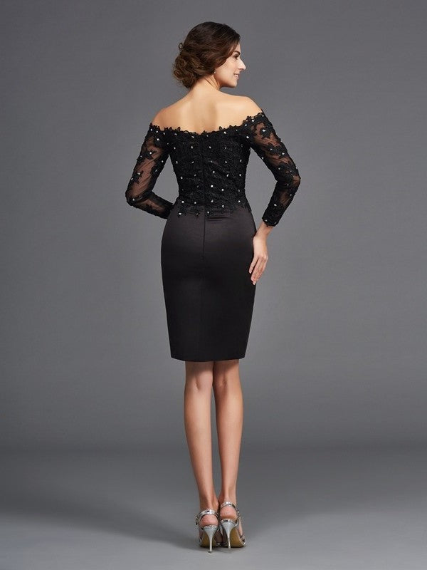 Sheath/Column Off-the-Shoulder Lace Long Sleeves Short Satin Mother of the Bride Dresses DFP0007138