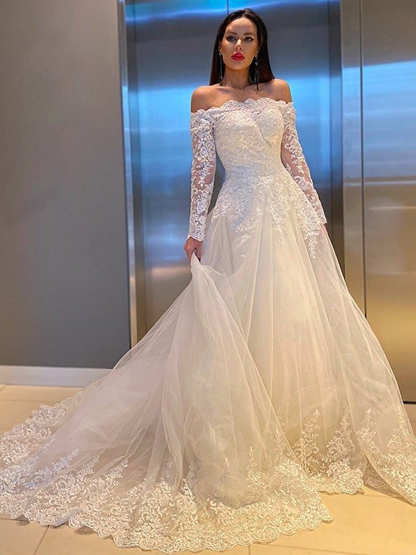 A-Line/Princess Lace Applique Off-the-Shoulder Long Sleeves Sweep/Brush Train Wedding Dresses DFP0006083