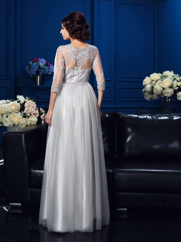 A-Line/Princess Scoop Applique 3/4 Sleeves Long Elastic Woven Satin Mother of the Bride Dresses DFP0007198