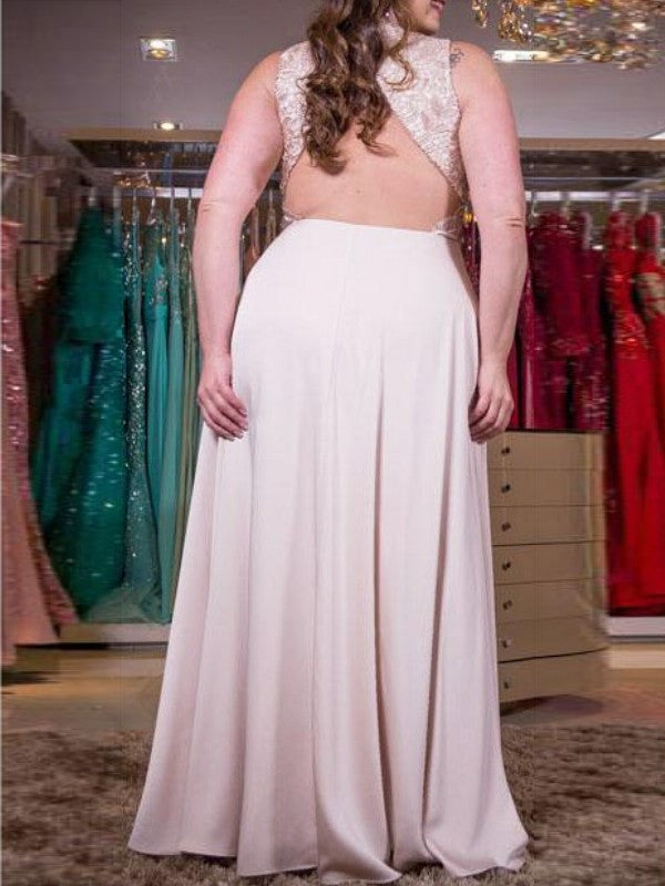 A-Line/Princess V-neck Sleeveless Applique Floor-Length Elastic Woven Satin Plus Size Dresses DFP0003917