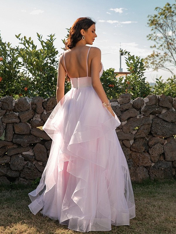 A-Line/Princess Tulle Ruffles V-neck Sleeveless Floor-Length Dresses DFP0001569