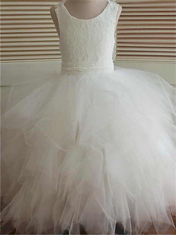 Ball Gown Scoop Sleeveless Lace Ankle-Length Tulle Flower Girl Dresses DFP0007484