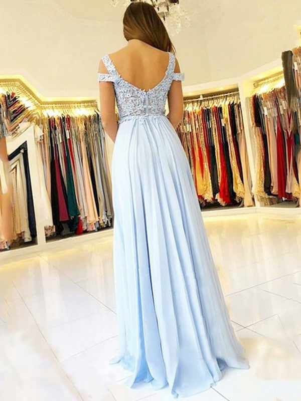 A-Line/Princess Sleeveless Off-the-Shoulder Floor-Length Applique Chiffon Dresses DFP0001578