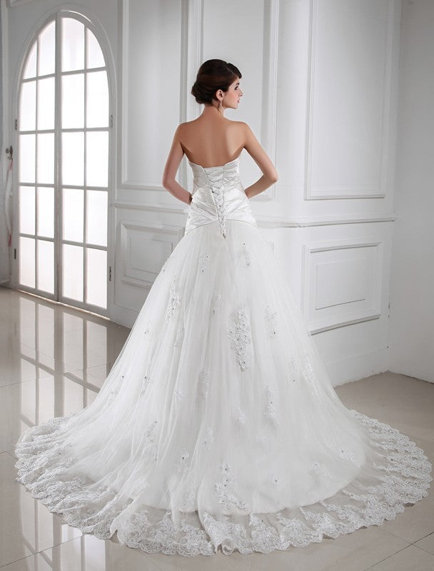 A-Line/Princess Beading Applique Sweetheart Sleeveless Satin Tulle Wedding Dresses DFP0006860