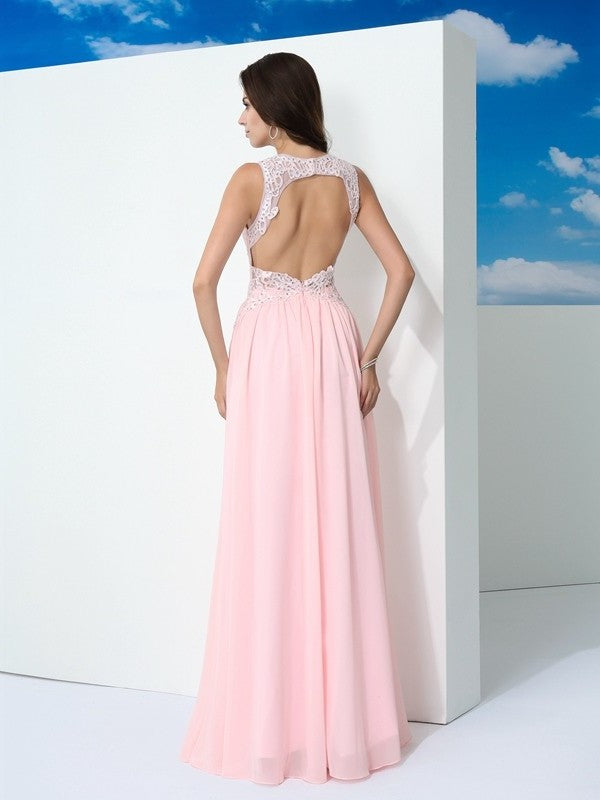 A-Line/Princess Straps Beading Sleeveless Long Chiffon Dresses DFP0002549