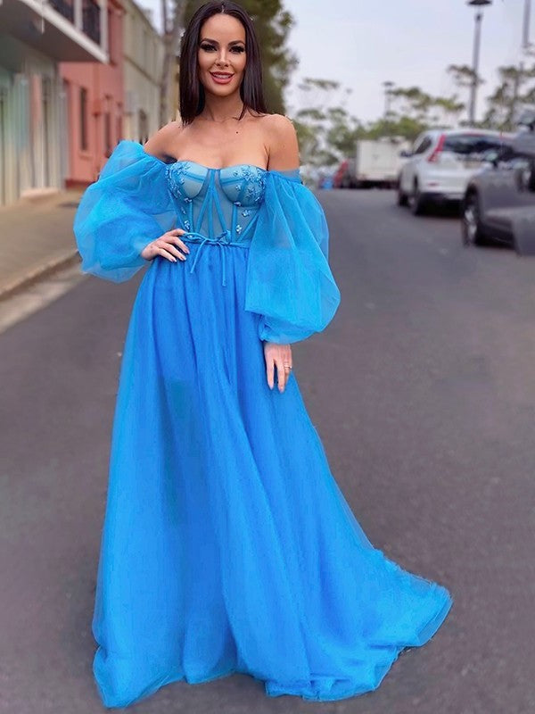 A-Line/Princess Tulle Beading Off-the-Shoulder Long Sleeves Sweep/Brush Train Dresses DFP0003167