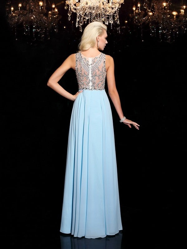 A-line/Princess Scoop Beading Sleeveless Long Chiffon Dresses DFP0002926