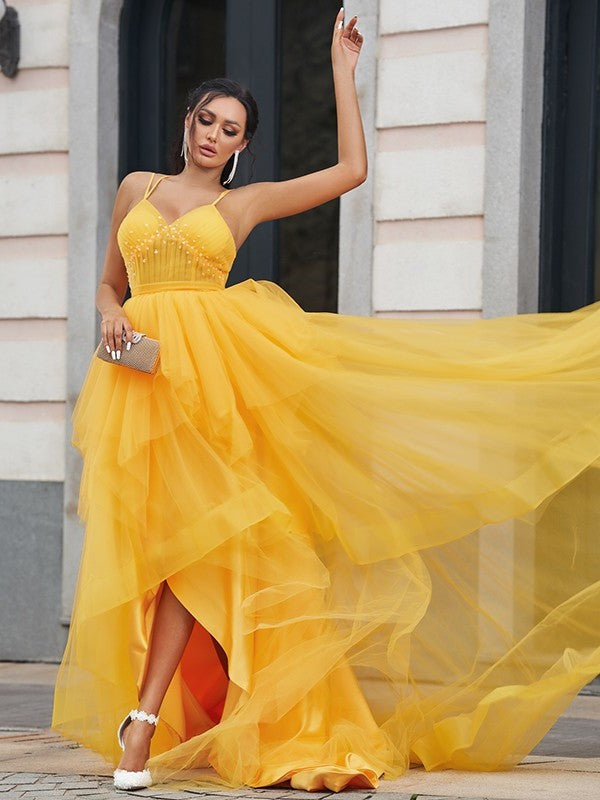 A-Line/Princess Tulle Ruffles V-neck Sleeveless Asymmetrical Dresses DFP0001550