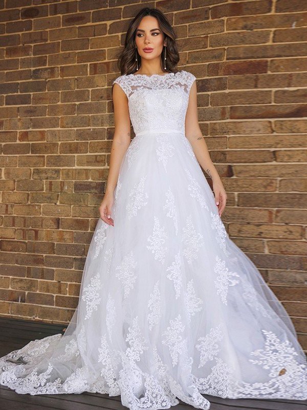 A-Line/Princess Lace Sleeveless Scoop Sweep/Brush Train Wedding Dresses DFP0006152