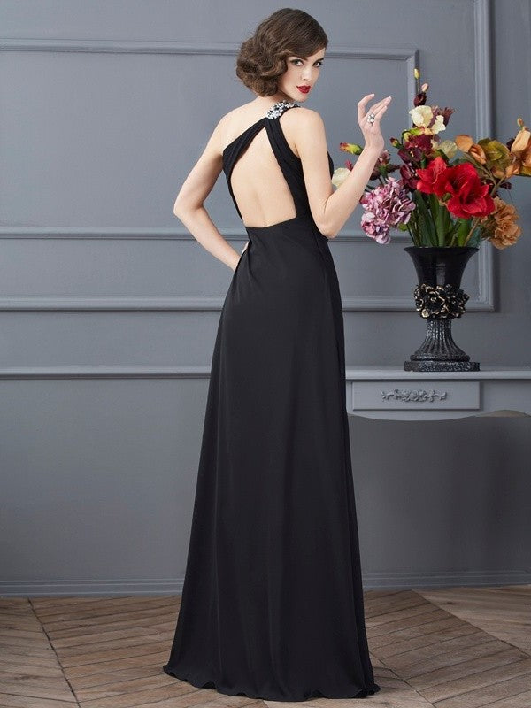 Sheath/Column One-Shoulder Sleeveless Beading Long Chiffon Dresses DFP0003092