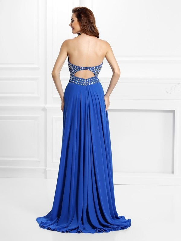 A-Line/Princess V-neck Beading Sleeveless Long Chiffon Dresses DFP0004173