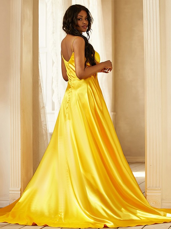 A-Line/Princess Silk like Satin Ruched V-neck Sleeveless Sweep/Brush Train Dresses DFP0001614