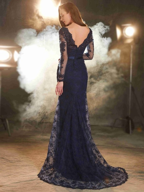 Trumpet/Mermaid V-neck Long Sleeves Applique Sweep/Brush Train Lace Dresses DFP0002339