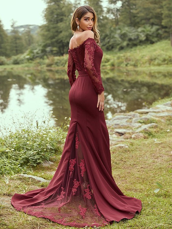 Sheath/Column Stretch Crepe Applique Off-the-Shoulder Long Sleeves Sweep/Brush Train Bridesmaid Dresses DFP0004985