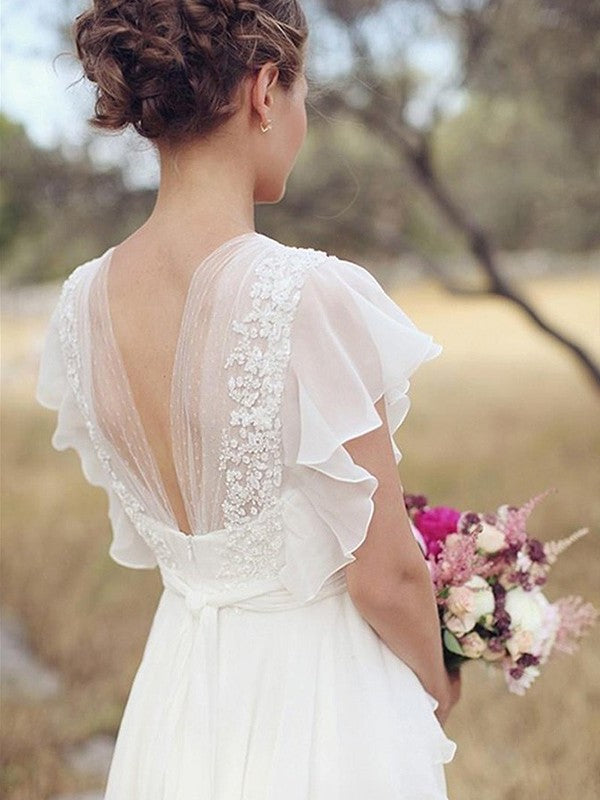 A-Line/Princess Chiffon V-neck Ruched Short Sleeves Floor-Length Wedding Dresses DFP0006035