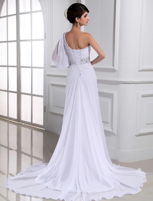 A-Line/Princess Beading One-shoulder One-sleeve Chiffon Wedding Dresses DFP0006753