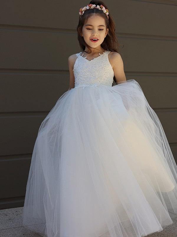 A-Line/Princess Tulle Bowknot Sweetheart Sleeveless Floor-Length Flower Girl Dresses DFP0007458