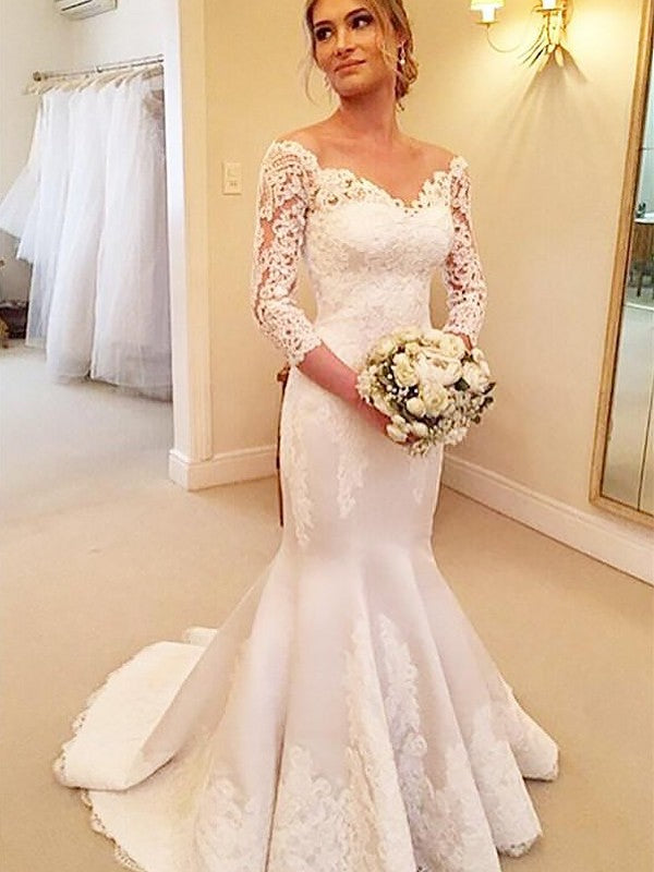 Trumpet/Mermaid 3/4 Sleeves Satin Off-the-Shoulder Lace Court Train Wedding Dresses DFP0006266