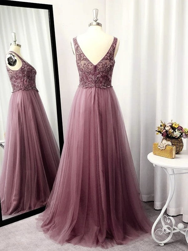 A-Line/Princess Sleeveless Tulle Floor-Length Applique V-neck Dresses DFP0004565