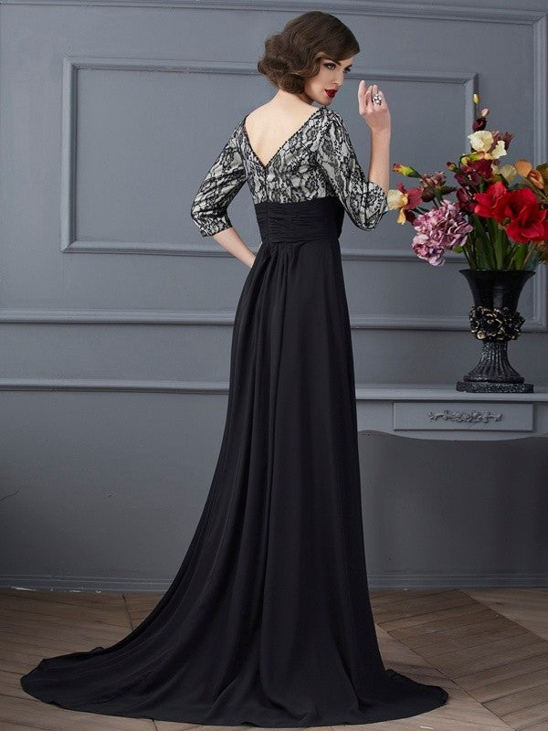 Sheath/Column V-neck 3/4 Sleeves Lace Long Chiffon Dresses DFP0002982