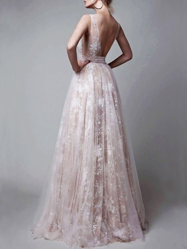 A-Line/Princess V-neck Floor-Length Tulle Sleeveless Applique Dresses DFP0001449