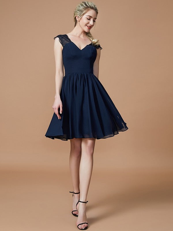 A-Line/Princess V-neck Chiffon Knee-Length Bridesmaid Dresses DFP0005411