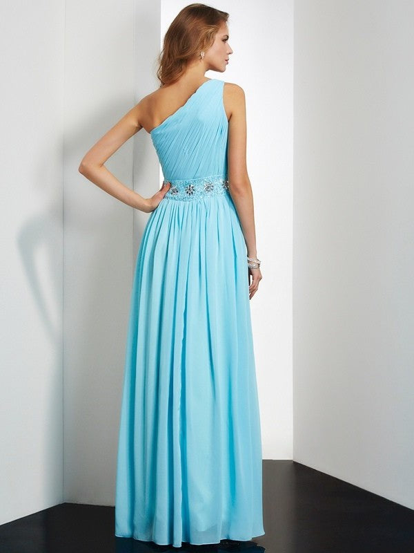 A-Line/Princess One-Shoulder Beading Sleeveless Long Chiffon Dresses DFP0003867