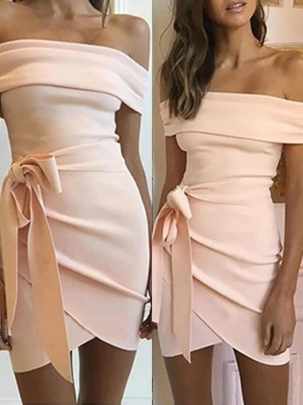 Sheath/Column Off-the-Shoulder Stretch Crepe Sash/Ribbon/Belt Sleeveless Short/Mini Homecoming Dresses DFP0003964