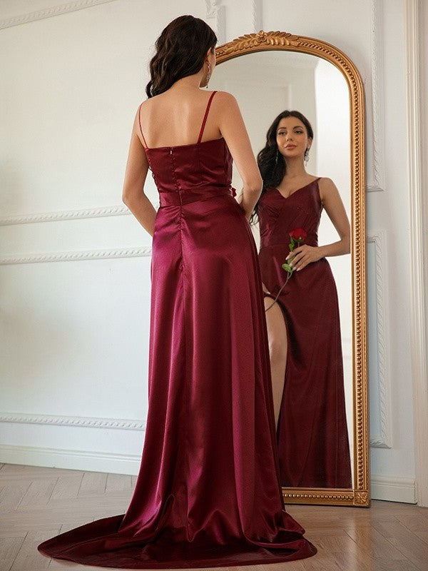 A-Line/Princess Silk like Satin Ruched V-neck Sleeveless Sweep/Brush Train Dresses DFP0001545